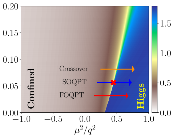 Phase diagram of the lattice Abelian-Higgs model as seen through the lens of entanglement entropy. At small couplings, the system occupies two qualitatively different regions, a confined and a Higgs region, separated by a line of first order quantum phase transition (FOQPT). The line of FOQPT ends at a second order quantum phase transition (SOQPT).