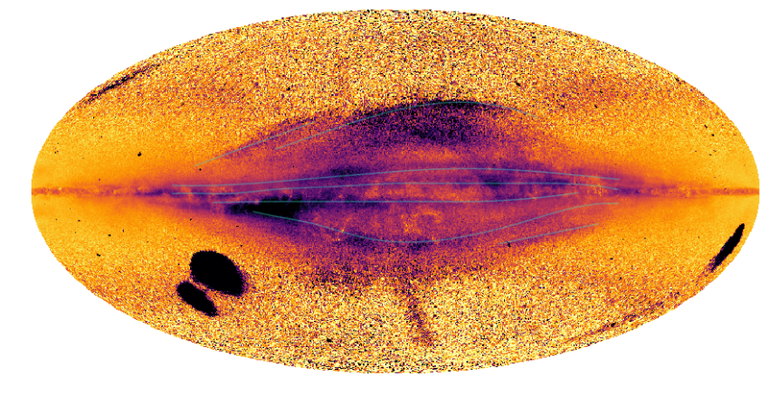All-sky map of the Milky Way in motion using the Gaia data. Areas with significant motion are shown in black/purple and those with relatively low motion in yellow. A number of large scale filamentary disc structures are evident about the midplane. The map also shows the Magellanic Clouds and their connecting stellar bridge to left, while the Sgr dwarf galaxy currently being torn apart can be seen on the right (main body).