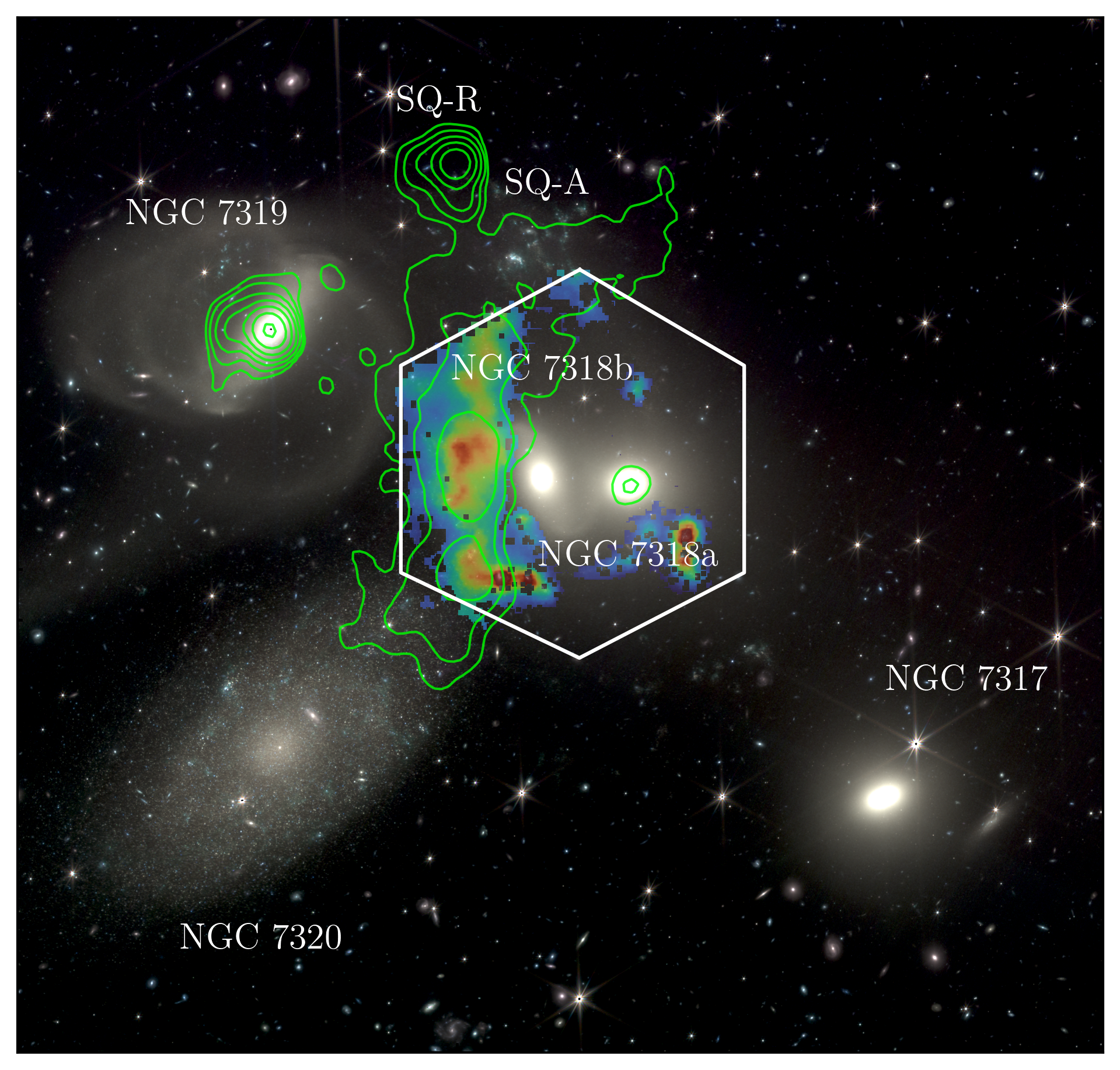 WEAVE data overlaid on a James Webb Space Telescope image of Stephan's Quintet, with green contours showing radio data from LOFAR.