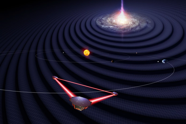 Artist's impression of the LISA mission satellites in the solar system observing gravitational waves from a distant galaxy.