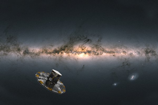 The Gaia Satellite. On the background there's the Milky Way and the Small and Large Magellanic Clouds