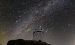 DESI observes the sky from the Mayall Telescope, shown here during the 2023 Geminid meteor shower